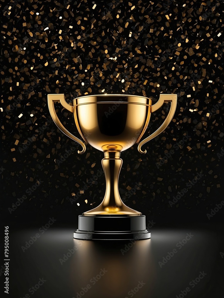 Sparkles black background with a winners cup. Champion golden trophy on black background. Concept of success and achievement. Sparkles black background with a winners cup. Champion golden trophy on black background. Concept of success and achievement.