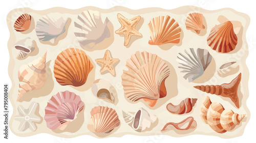 Seashells and sand on white background.