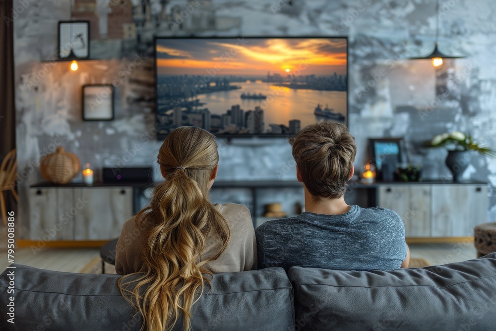 A rear view of a couple admiring a beautiful sunset on the TV screen, seating together in a trendy home environment A rear view of a couple admiring a beautiful sunset on the TV screen, seating together in a trendy home environment