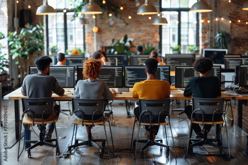 Programmers in casual attire are collaborating in a modern workspace with multiple screen setups Programmers in casual attire are collaborating in a modern workspace with multiple screen setups