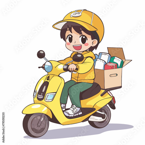 a person riding a scooter with a box on the back