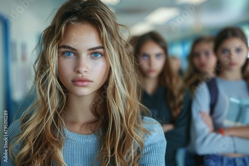 A focused teenage girl with captivating blue eyes and tousled blonde hair in an intense school environment photo