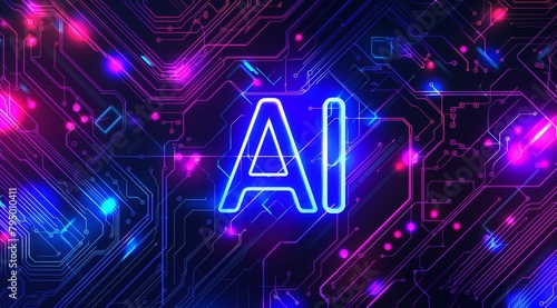 A Vibrant 'AI' neon text on circuit board backdrop. Perfect for tech presentations & digital themes.