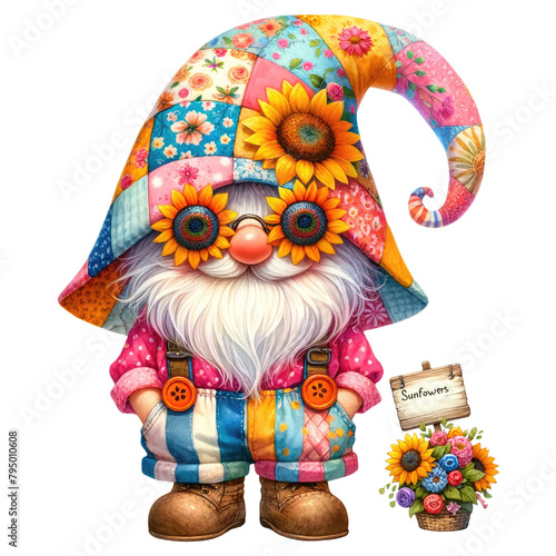 Colorful Floral Gnome with Spring Flowers Illustration.