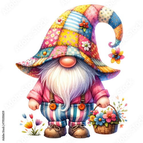Colorful Floral Gnome with Spring Flowers Illustration. © EmBaSy