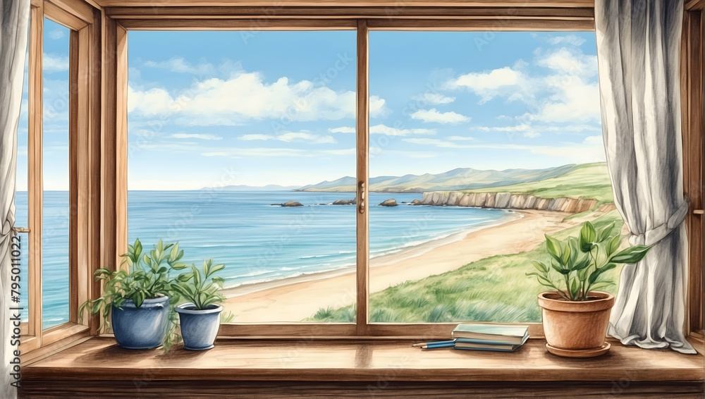 Coastal Dream: Watercolor Hand Drawing of a Picturesque Seaside View, Perfect for Seaside Resorts and Vacation Spots � Relaxation in Coastal Charm
