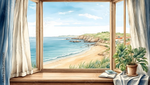 Serene Coastal View  Watercolor Hand Drawing Capturing the Charm of a Scenic Seaside Retreat  Ideal for Relaxing Coastal Getaways and Vacation Spots - Adobe Stock Illustration