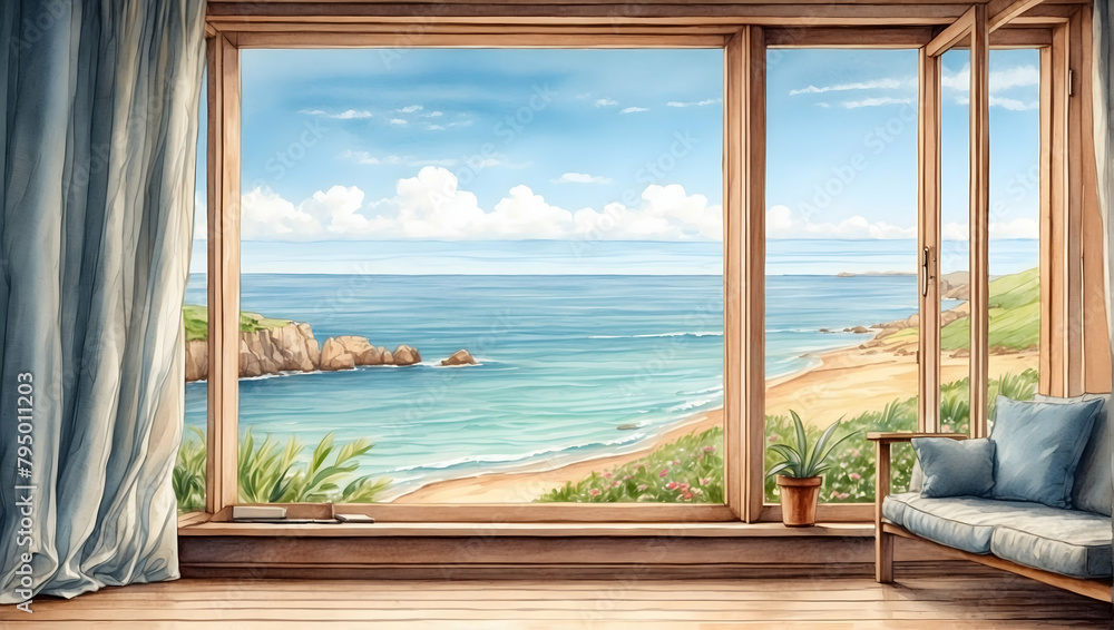 Coastal View: Watercolor Hand Drawing Depicting a Picturesque Seascape Through a Window, Ideal for Seaside Resorts and Vacation Spots - Relaxation and Serenity Concept in Stock Photography
