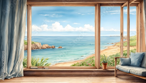 Coastal View: Watercolor Hand Drawing Depicting a Picturesque Seascape Through a Window, Ideal for Seaside Resorts and Vacation Spots - Relaxation and Serenity Concept in Stock Photography © Gohgah