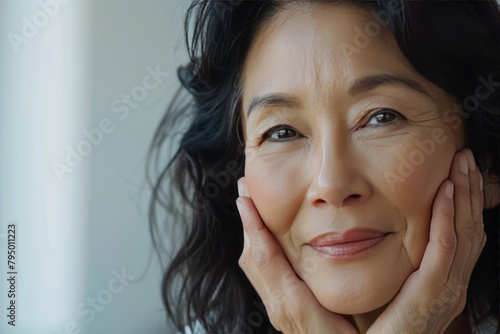 Close-up Portrait of a Happy Middle-Aged Asian Woman, Senior Lady in Her 50s, Gently Touching Her Face, Promoting Eye Lifting Anti-Wrinkle Skin Care Cream Generative Ai