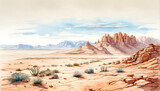 Watercolor Hand Drawing of Desert Viewpoint: A Serene Oasis for Relaxation and Adventure - Illustration for Relax Area Photo Stock Concept