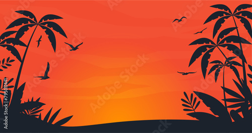 Vue sur la mer - Paysage tropical d'été au coucher du soleil - Éléments végétaux, feuilles, branches, palmiers, mouettes et ciel dégradé à la tombée de la nuit - Ambiance estivale de vacances - Plage 