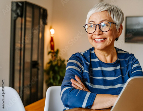 woman eyeglass with laptop portrait of a 50 year old senior grey hair smiling working in home © OceanProd