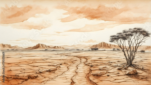 Watercolor Hand Drawing Illustrating Drought Dilemma and Global Impact of Carbon Emissions, Representing Global Warming - Stock Photo Concept
