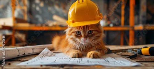 Foreman feline. A charming photo of a red cat wearing a safety helmet on a construction site, overseeing blueprints with a humorous touch.