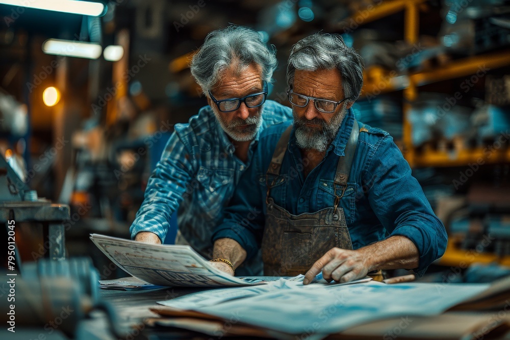 Two skilled craftsmen discussing over a blueprint in the buzzing atmosphere of a woodworking workshop