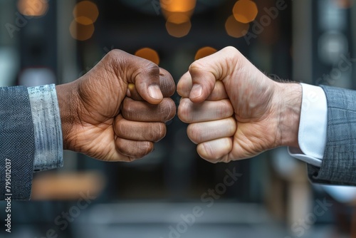 An agreement or partnership is symbolized by a fist bump between a black and white businessman’s hands photo