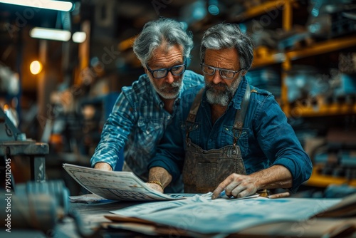 Two skilled craftsmen discussing over a blueprint in the buzzing atmosphere of a woodworking workshop