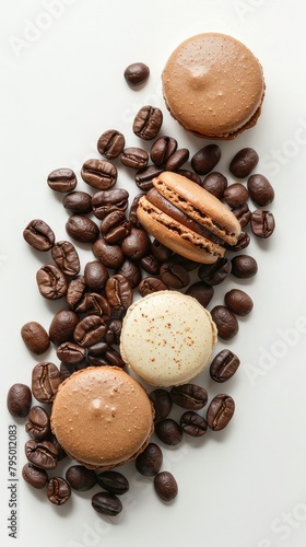 coffee beans and macarons, white background, product photography