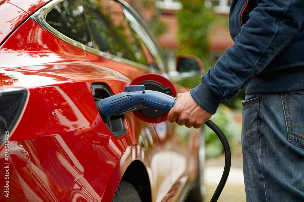 man plugging in cable while charging electric car man plugging in cable while charging electric car