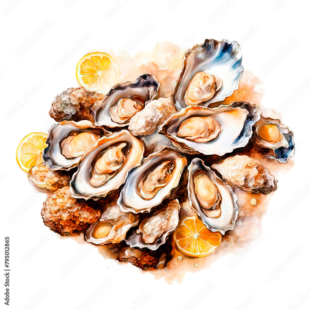 Fresh oysters on ice with lemon in watercolor style on a white background. Fresh oysters on ice with lemon in watercolor style on a white background.