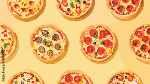 Different tasty mini pizzas on yellow background Vector
