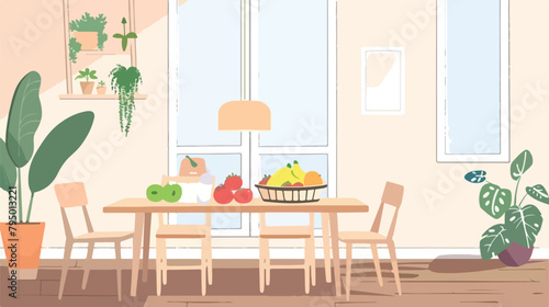 Dining table with fruit basket in light room Vector illustration