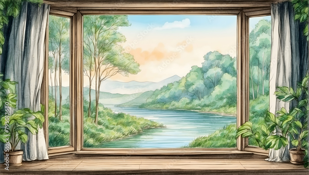 Sure! Here's a suitable Adobe Stock title within the specified length: "Tranquil Watercolor Forest Frame for Eco Tourism and Nature Retreats - Relaxation at the Window View" - obrazy, fototapety, plakaty 