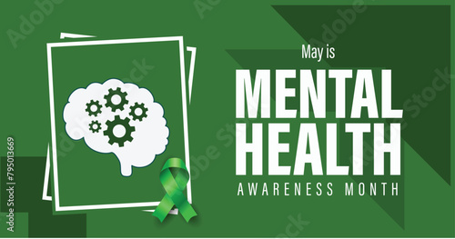 National Mental Health Awareness Month campaign banner. Brain and Green ribbon vector illustration. Observed in May each year.