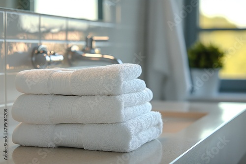 Stack of white fluffy towels on a bathroom counter with soft lighting