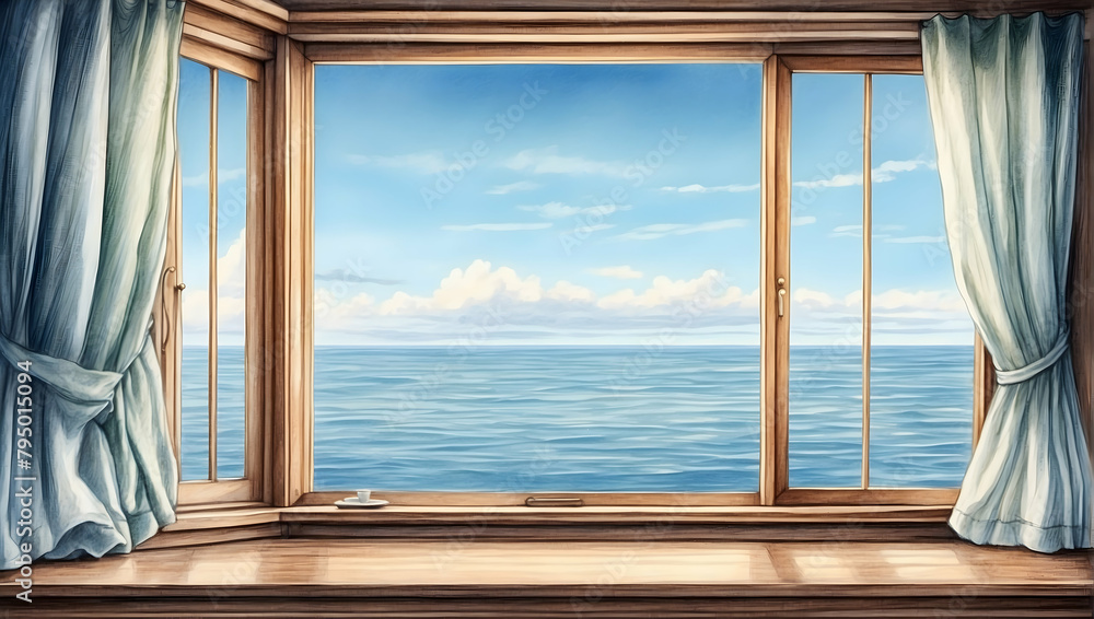 Ocean Outlook: Watercolor Hand Drawing of an Ocean View from a Coastal Window, Perfect for Marine Tour Services and Coastal Businesses - Relaxation Area Photo Stock