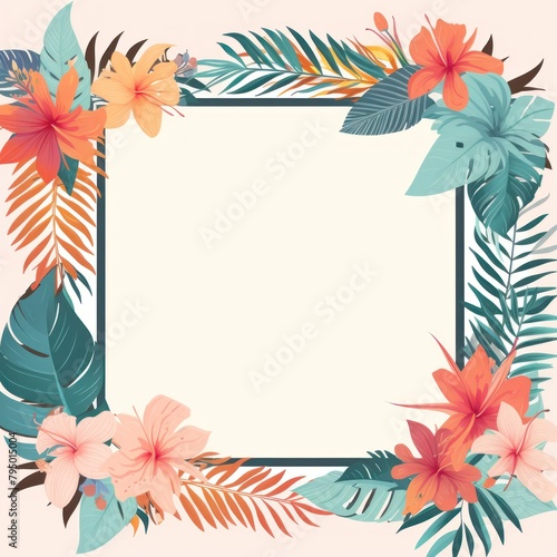 Watercolor flowers and leaves surround empty copy space. Brown border with empty space and surrounding flowers Mockup