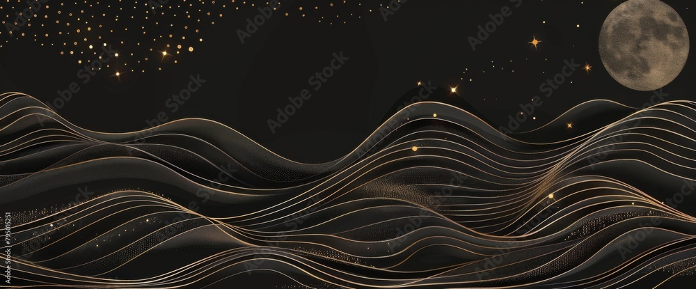 Abstract golden lines with a moon vector background
