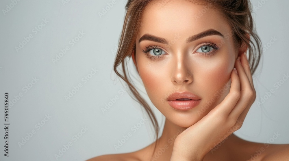 Close-up Portrait of a beautiful young woman on a gray background with a copy space. Beauty concept, body and skin care, health, plastic surgery, cosmetics, Makeup