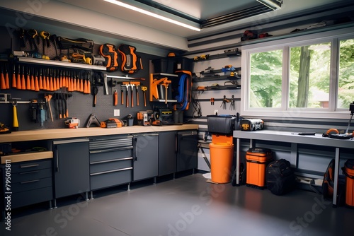 A well-organized garage with tools neatly hung, shelves stocked, and space for a car.