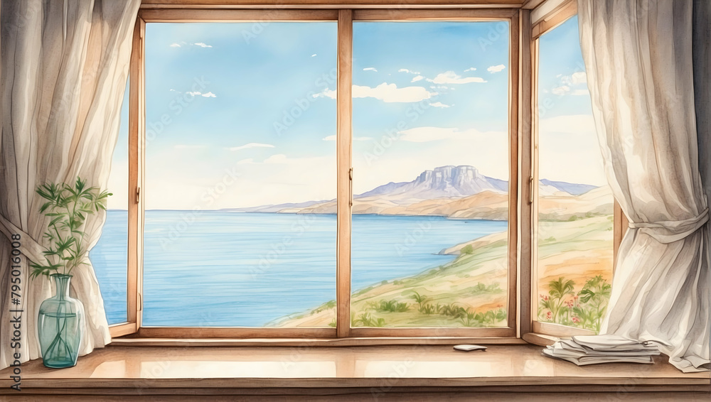Tranquil Watercolor Hand Drawing of a Serene Vista, Ideal for Promoting Peaceful Getaways - Perfect for Travel Agencies