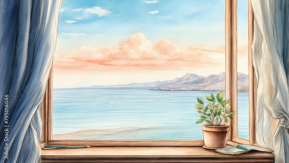 Serene Vista: Watercolor Hand Drawing of Peaceful Getaway Through a Window - Ideal for promoting travel agencies and serene relaxation in Relax Area