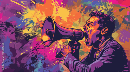 Emotional man with megaphone on color background Vector
