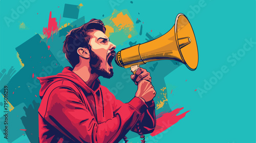 Emotional man with megaphone on color background Vector