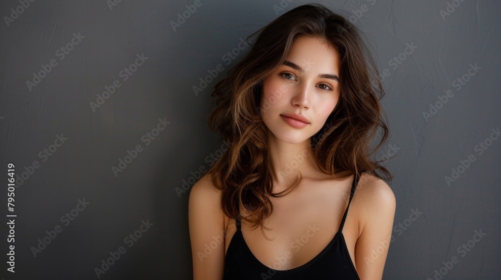 Close-up Portrait of a beautiful blue-eyed young woman on a dark gray background with a copy space. Beauty concept, body and skin care, health, plastic surgery, cosmetics, Makeup, Natural Beauty Close-up Portrait of a beautiful blue-eyed young woman on a dark gray background with a copy space. Beauty concept, body and skin care, health, plastic surgery, cosmetics, Makeup, Natural Beauty