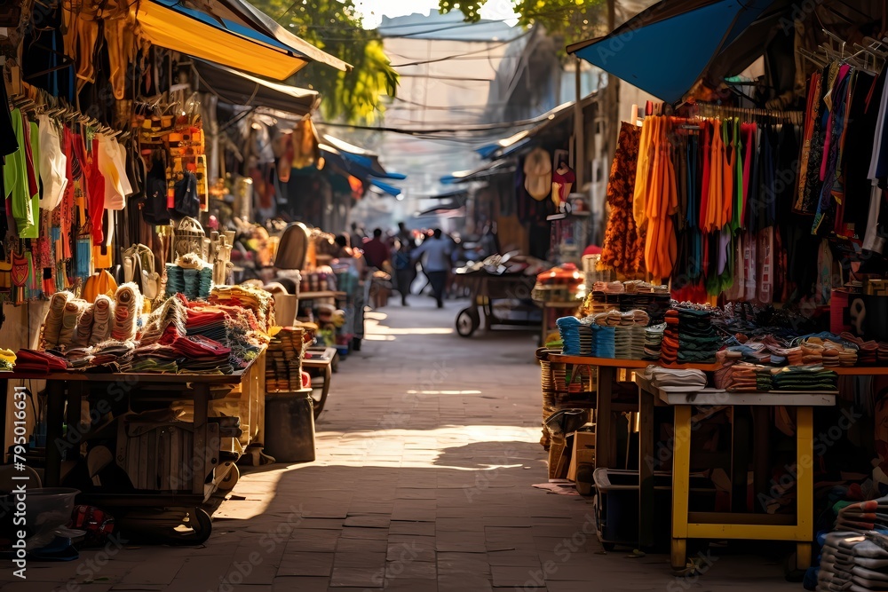 A vibrant street market with stalls selling handicrafts, textiles, and unique local goods.