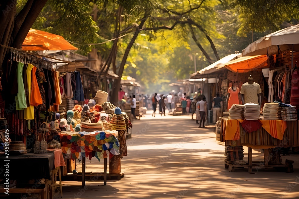 A vibrant street market with stalls selling handicrafts, textiles, and unique local goods.