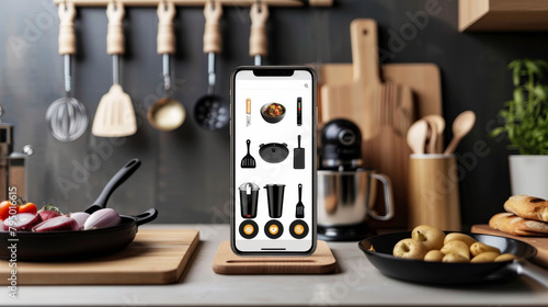 Online Shopping List and Mobile App Marketplace Food cooking appliances Mock up Screen Banner for Advertising ux ui photo