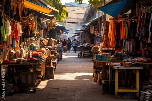 A vibrant street market with stalls selling handicrafts  textiles  and unique local goods.