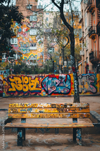 Vibrant and colorful graffiti artwork showcasing expressive characters on a wall in a city park, adding a creative and engaging element to the urban landscape.