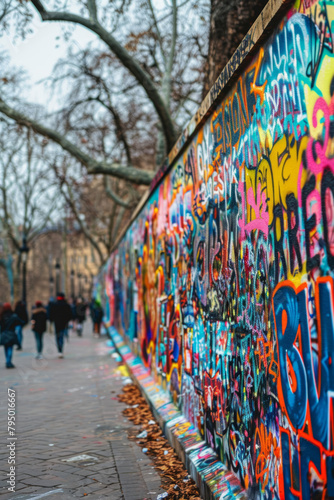 Vibrant and expressive graffiti artworks covering a large wall in a bustling city park, featuring dynamic characters and colors that captivate onlookers.