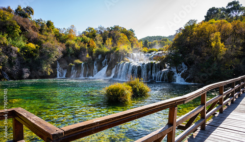 Amazing waterfalls Krka National Park in Croatia, beautiful Skradinski Buk Waterfall in Krka National Park. Travel attraction in Dalmatia, Croatia © _jure