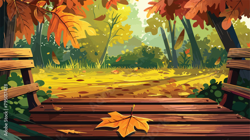 Fallen leaf on wooden bench in park Vector illustration