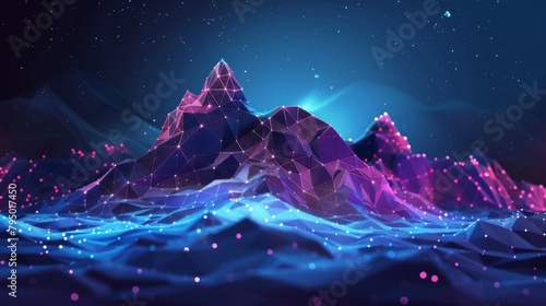 Abstract polygonal mountain with glowing lines and dots on a dark blue background