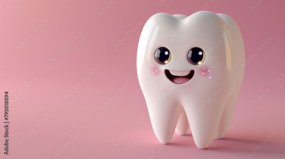 A delightful 3D cartoon character of a molar tooth on a vibrant pink background, exuding cuteness and health. A delightful 3D cartoon character of a molar tooth on a vibrant pink background, exuding cuteness and health.
